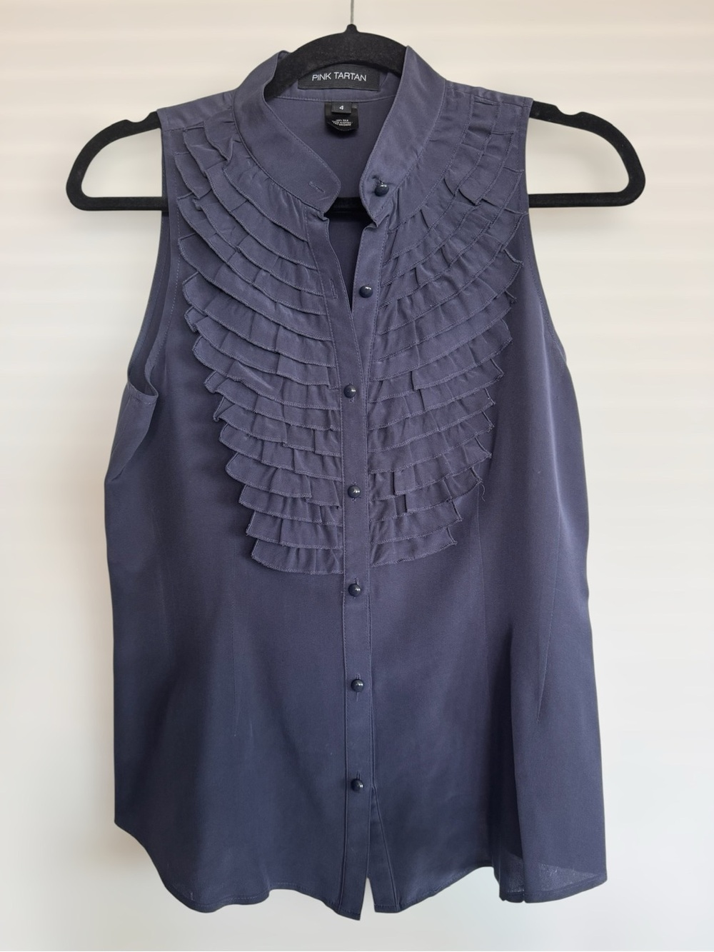 Pink Tartan Silk Sleeveless Ruffle Front Top in Navy Blue Size 4